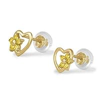 14K Yellow Gold Heart Simulated Birthstone Flower Stud Earrings For Girls Of All Ages