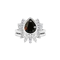 2PCS Black Onyx Wedding Ring, 1.00 CT Natural Black Onyx Engagement Ring set For Her,Bezel Setting Ring For Christmas Gift,Lotus Flower Women's Ring