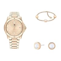 Tommy Hilfiger Women's Plated Carnation Gold Watch with Carnation Gold Chain Bracelet and Carnation Gold Steel Mother of Pearl Stud Earrings