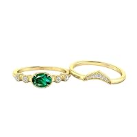 1 CT Art Deco Emerald Engagement Ring Set Oval Shaped Emerald Wedding Ring Set Antique Emerald 2 Piece Bridal Rings Set Women Anniversary Ring Set