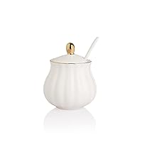 Sweejar Royal Ceramic Sugar Bowl, 8 Ounce Sugar Container with Spoon and Lid, Porcelain Salt Bowl Salt Container, Sugar Holder for Coffee Bar, Home and Kitchen(White)