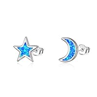 Cuoka 925 Sterling Silver Moon and Star Earrings, Opal Sun Earrings Hypoallergenic Moon Star Sun Opal Studs Earrings,Delicate Opal Jewelry Birthday Graduation Gift For Women Girls
