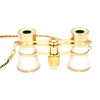 3x25 White Opera Glasses with Chain Necklace / Theater Binoculars / with Gold Trim