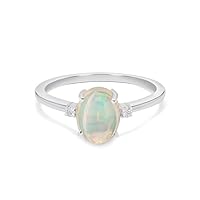 925 Sterling Silver Ethiopian Opal Solitaire Ring with Zircon Accents: Timeless Elegance and Sparkle US 5 to 12