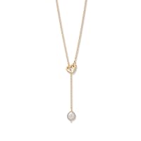 14k Gold Plated 925 Sterling Silver 16 Inch + 2 Inch Cultured Freshwater Pearl and CZ Love Heart Lariat Neckl Jewelry for Women
