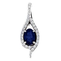 14k White Gold Created Blue Sapphire Oval 6x4mm Blue Sapphire 0.13 Dwt Diamond Pendant Necklace Jewelry for Women