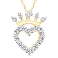 Diamond Simulated Heart Crown Pendant Necklace 14K Yellow Gold Plated Sterling 18
