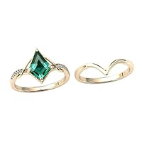 Kite Shaped Emerald Engagement Ring Set 14k Gold Emerald 2 CT Art Deco Wedding Ring Set Antique Emerald 2 Piece Bridal Anniversary Ring Set