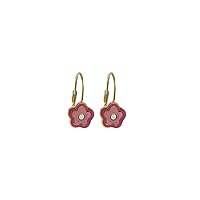 Gold Finish Pink and White Enamel Flower Lever-back Earrings