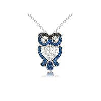 925 Sterling Silver Finish Blue & White Sapphire Pave Owl Design Pendant Cable Chain Necklaces