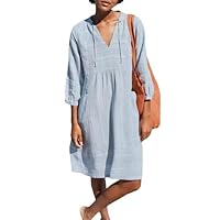 Women Cotton Linen V Neck Midi Length Dress Summer Half Sleeve Beach Dress with Pocket
