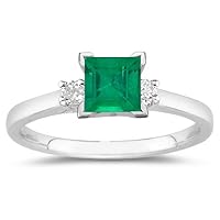 0.10 Cts Diamond & 0.55 Cts of 5 mm AAA Square Step Cut Natural Emerald Classic Three Stone Ring in 18K White Gold