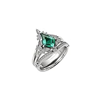 Vintage Kite Shaped 1 CT Emerald Engagement Ring Set 14k White Gold Emerald Wedding Ring Set For Women Bridal Anniversary Promise Ring Set