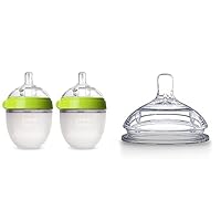 Comotomo Baby Essential Bundle Green Baby Bottle 5 oz & Medium Flow Silicone Nipples, 3-6 Months