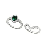 1 CT Antique Art Deco Emerald Engagement Ring Set 10k Rose Gold Emerald Wedding Ring Set Vintage Halo Emerald Bridal Anniversary Promise Ring Set