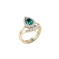 Pear Cut Emerald Engagement Ring Set 3 CT Art Deco Vintage Emerald Wedding Ring Set 14k Gold Emerald Antique Wedding Ring Set Anniversary Set