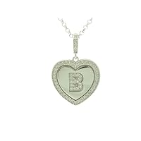 925 Sterling Silver Finish White Sapphire Micro Pave Initial B Heart Charm Pendant
