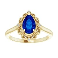 Vintage 1 CT Pear Shaped Blue Sapphire Ring, Yellow Gold, Tear Drop Ring