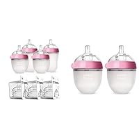 Comotomo Baby Essential Bundle Baby Bottle Bundle, Pink (7 Piece Set) and 5oz Pink Bottles - BPA-Free, Easy to Clean, Mimics Breastfeeding