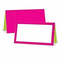 Fuchsia and Lime Place Cards - Tent Style - White Blank Front with Border - Placement Table Name Seating Stationery Party Supplies - Any Occasion or Event - Dinner Food Display - Product Tag Label Set