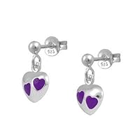 Girl's Jewelry - Sterling Silver Purple Enamel Dangling Heart Earrings