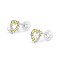 14K White Gold Simulated Birthstone Double Hearts Girls Stud Earrings