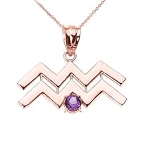 Rose Gold Aquarius Zodiac Sign February Birthstone Pendant Necklace - Gold Purity:: 10K, Pendant/Necklace Option: Pendant With 22