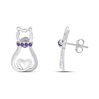 Indi Gold & Diamond Jewelry 14K White Gold Finish 0.10Ct Round Cut Created Amethyst Cat Push Back Stud Earring 925 Sterling Silver