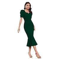 Creative Dons Solid Plain Knee Below Polyester Midi Dress for Women/Green