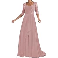 Long Mother of The Bride Dresses with Sleeve Chiffon Lace Applique A-Line Formal Evening Dresses Wedding Guest