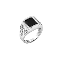 18k Vintage Black Onyx Engagement Ring For Men 3 CT White Signet Ring Emerald Cut Black Gemstone Wedding Ring Art Deco Filigree Style Ring For Him