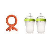 Comotomo Baby Bottle, Green, 8 Ounce (4 Count), Comotomo Silicone Baby Teether, Orange
