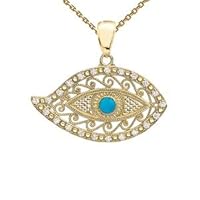 YELLOW GOLD EVIL EYE CUBIC ZIRCONIA PENDANT NECKLACE WITH TURQUOISE CENTER STONE - Gold Purity:: 14K, Pendant/Necklace Option: Pendant With 20