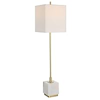 MY SWANKY HOME Slim Brass Gold White Buffet Table Lamp Marble Square 37 in x 9 Contemporary
