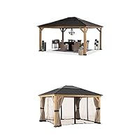 Sunjoy Hardtop Gazebo 13 x 15 ft. Standard Cedar Framed Wood Gazebo with Brown Steel and Polycarbonate Hip Roof & Universal Replacement Curtains and Netting 13×15 ft., Khaki