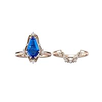 1 CT Vintage Coffin Shaped Blue Sapphire Engagement Ring Set Women Art Deco Bridal Ring Set 925 Silver Sapphire Wedding Ring Sets Coffin Ring Set