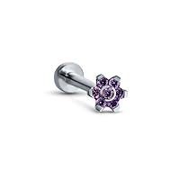 Titanium Labret Monroe Ear Cartilage Threadless Push Pin Nose Stud Purple Flower 9/32