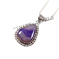 925 Sterling Silver Natural Purple Banded Agate Gemstone Pendant With Chain Jewelry