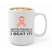 Endometrial Cancer Survivor Coffee Mug 15oz White -Family Friends Faith - Endometrial Cancer Awareness Peach Ribbon For Cancer Uterine Cancer Survivor