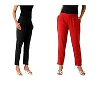 Women's Casual Pants w Back Elastic Waist Cotton Straight Leg Pant Pull-On Trousers Split Bottom, 2Pockets L_35
