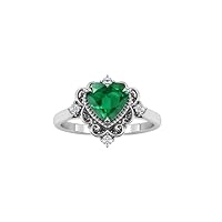 1.5 CT Art Deco Heart Shaped Emerald Engagement Ring 14k White Gold Emerald Wedding Ring Antique Filigree Style Ring Vintage Emerald Bridal Promise Ring For Her