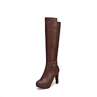 Ladies Winter Boots Shoes high Heels Knee-high Boots Thick-Soled Boots Round Toe Rubber-Soled high Heels Thick Heel Autumn and Winter Knight Boots