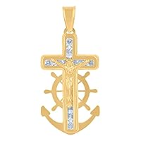 14k Yellow Gold Mens CZ Cubic Zirconia Simulated Diamond Nautical Ship Mariner Anchor Crucifix Religious Charm Pendant Necklace Measures 27.4x12.5mm W Jewelry Gifts for Men