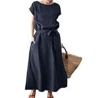 Womens Loose Fit Cotton Linen Long Dresse with Pockets, Knotted Waist Short Sleeve Baggy Maxi Dress with Belt