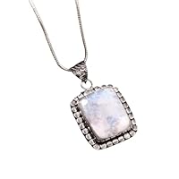 925 Sterling Silver Natural Square Rainbow Fire Moonstone Gemstone Pendant With Chain