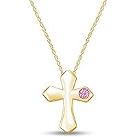 0.05 CT Round Cut Created Pink Tourmaline Solitaire Cross Pendant Necklace 14k Yellow Gold Over
