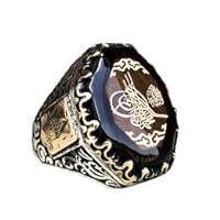 Men's sterling silver ring, Amber created stone, Ottoman Empire Tugram Flag, FREE EXPRESS SHÃ„°PPÃ„°NG
