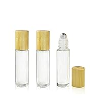 Grand Parfums 3Pcs 10mL/0.35 Oz Refillable Clear Glass Essential Oil Roll-on Bottles w/Steel or Glass Roller Balls and Bamboo Lids Empty Cosmetic Makeup Perfume Lip Gloss (3 with Glass Rollerballs)