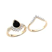 Antique Black Onyx 1.00 CT Engagement Ring Set Art Deco Pear Cut Black Onyx Wedding Rings Set 14k Gold Vintage Black Onyx Bridal Anniversary Ring Set