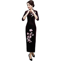 Peacock Floral Embroidery Velvet Long Cheongsam Qipao Dress